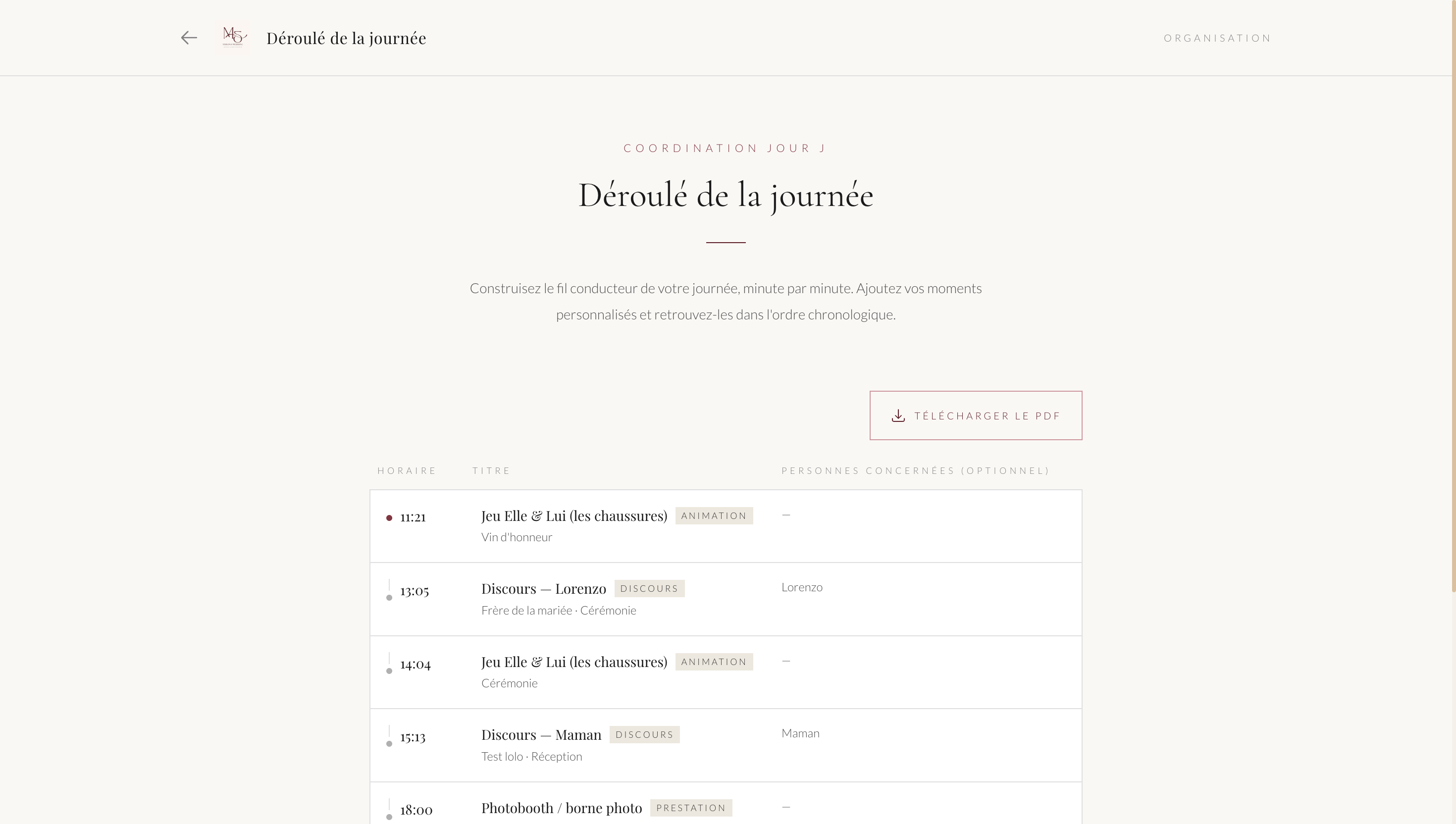 Screenshot of the section Your wedding day schedule